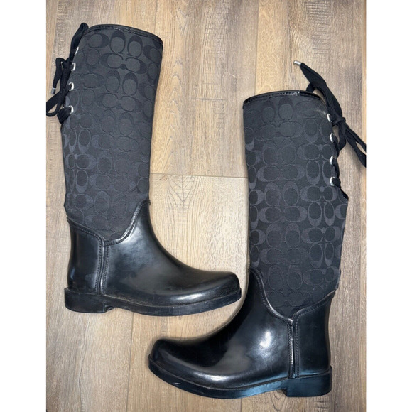 Coach Tristee Rain Boot Denim Signature C 17" Lace Back - Picture 2 of 16